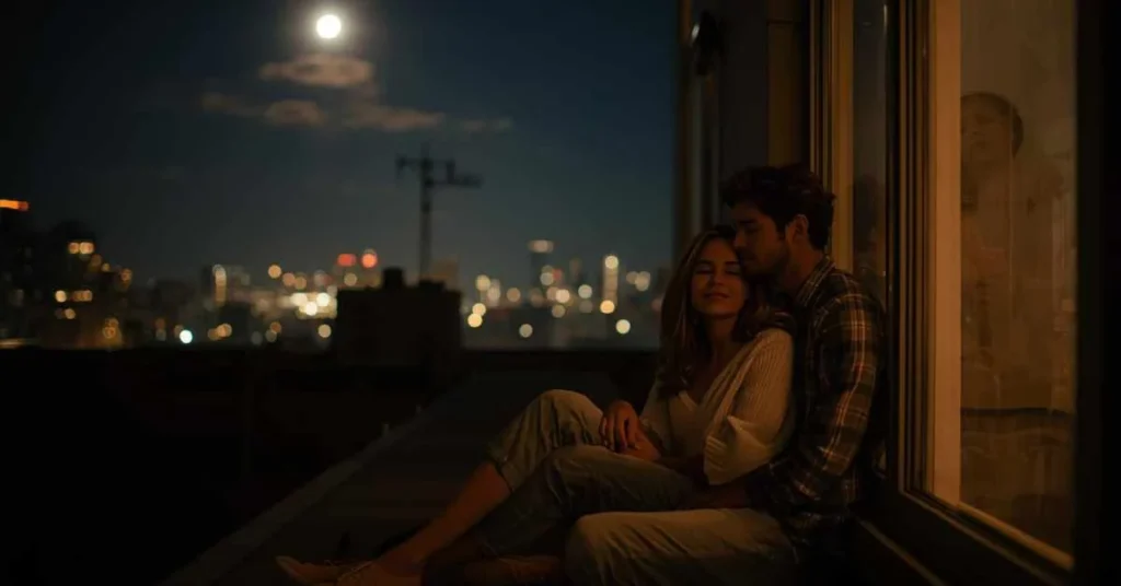Deep late-night rizz creating an emotional and soulful connection between a couple under city lights