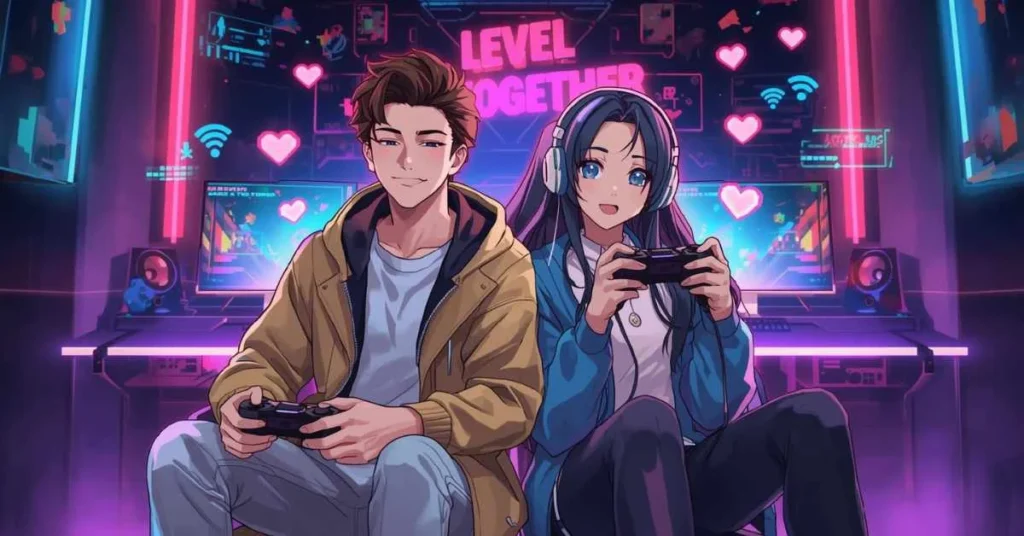 Gamer rizz lines for digital chemistry showing two gamers connected through gaming controllers, digital hearts, and neon gaming visuals symbolizing online attraction and modern flirting