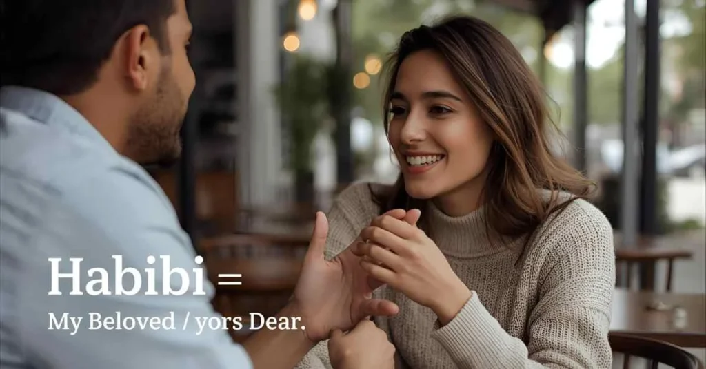 Realistic and informative image showing two people greeting warmly with a text overlay “Habibi = My Beloved / My Dear,” visually explaining the meaning of habibi in a natural and engaging setting