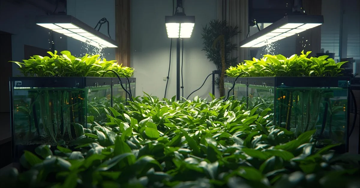 attractive aesthetic aquaponics system with plants and water tanks in cinematic lighting