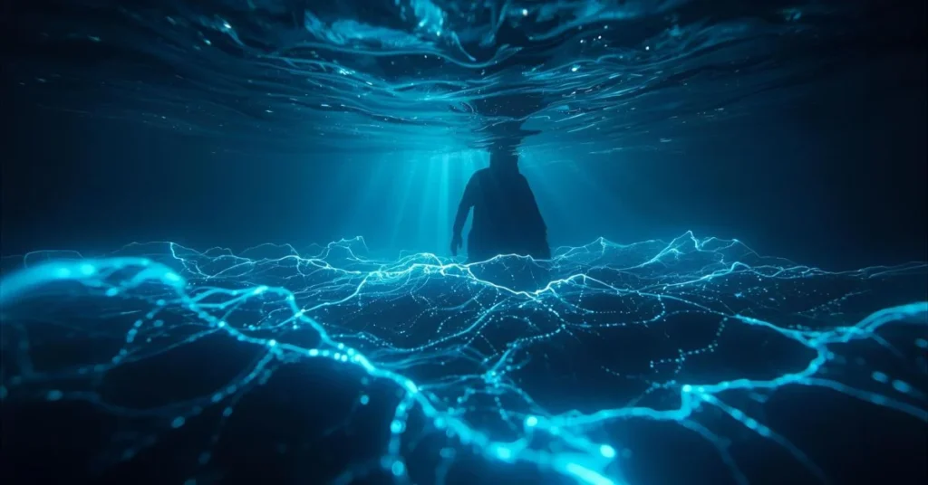 bioluminescent glowing waves with aesthetic deep-sea light