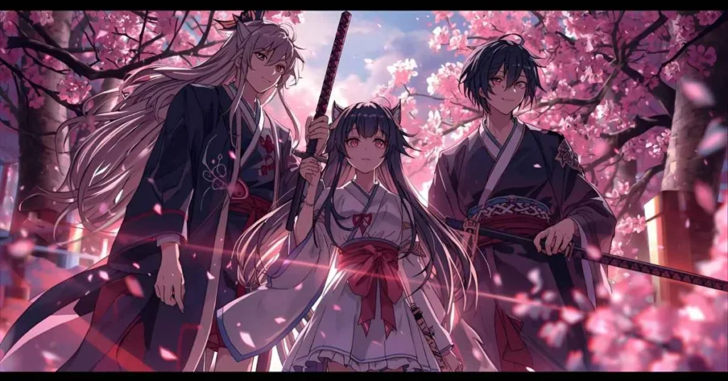 Demon Slayer characters with dramatic romantic anime-style background