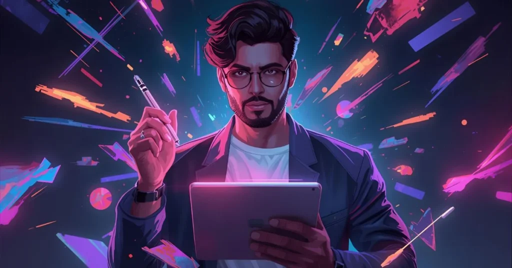 Digital artist with neon strokes creating glowing artwork
