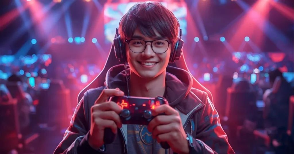 Confident esports gamer posing with neon-lit background