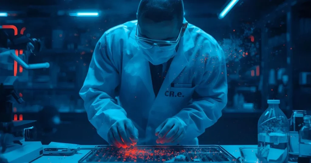 Forensic scientist in a crime lab with glowing blue lights and evidence tools