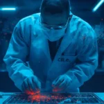 Forensic scientist in a crime lab with glowing blue lights and evidence tools