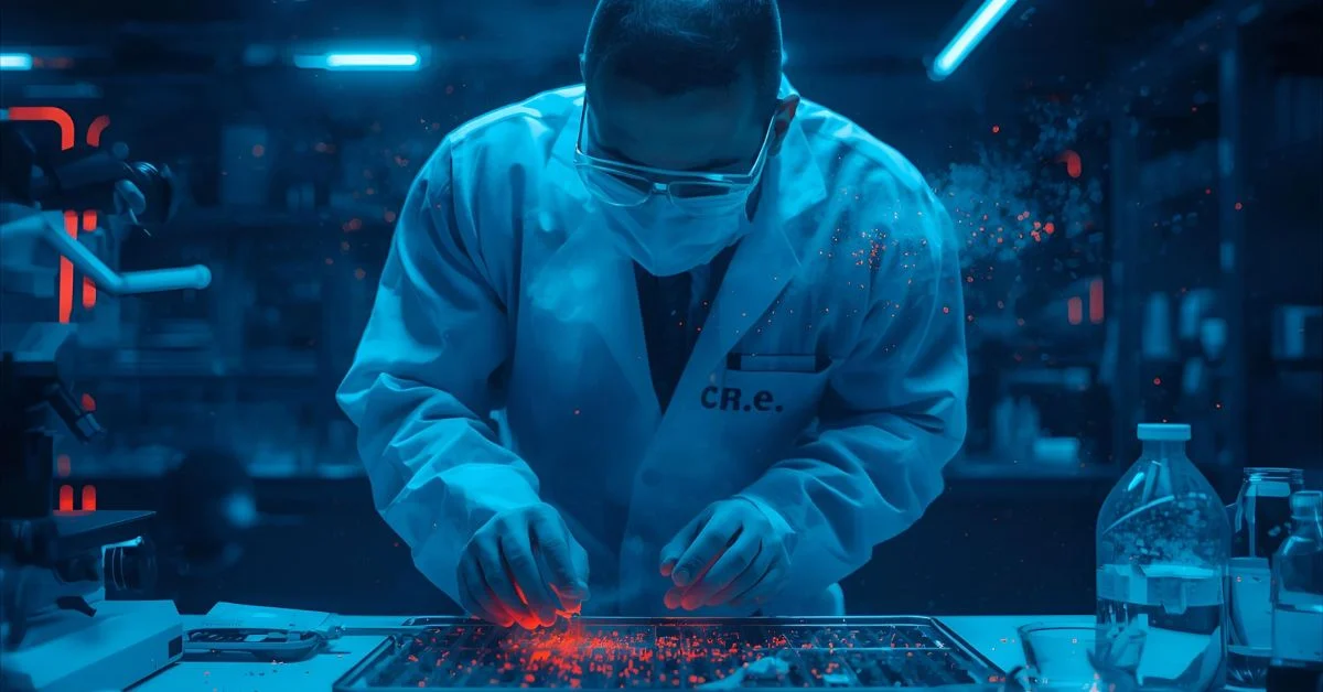 Forensic scientist in a crime lab with glowing blue lights and evidence tools