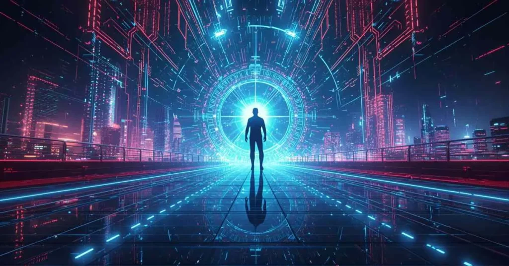Futuristic neon sci-fi city with glowing holograms and cosmic highlights.