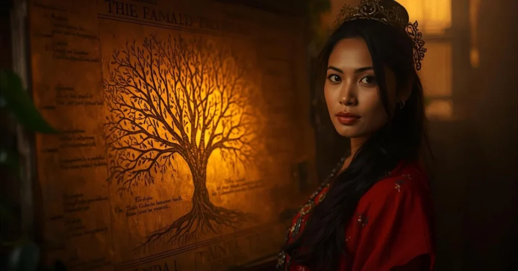 Girl standing beside glowing ancestral family tree scroll with cinematic lighting