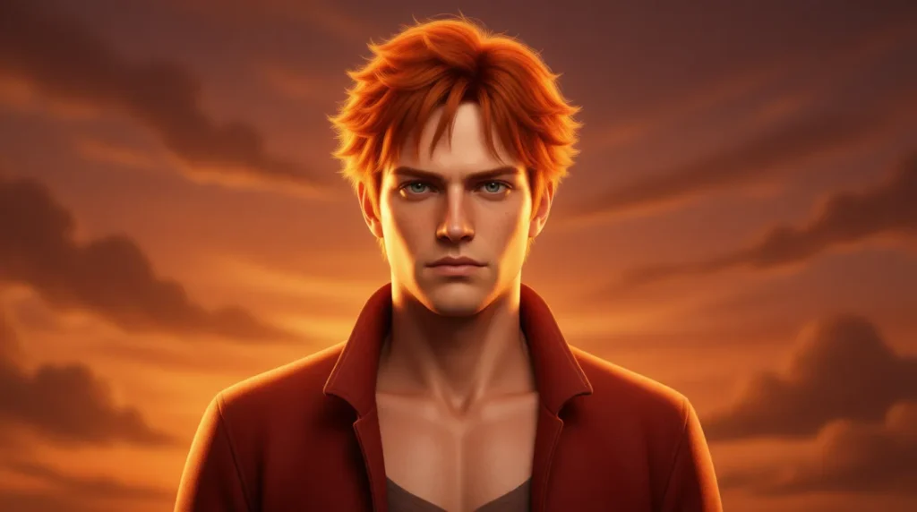 Ginger person glowing under golden sunlight with fiery copper hair