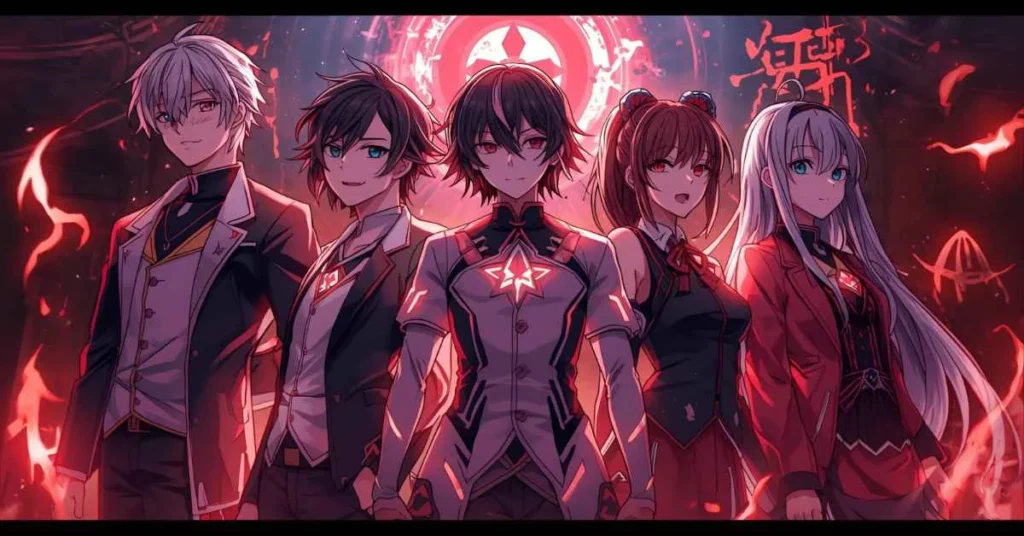 stylish anime group artwork featuring Jujutsu Kaisen characters with glowing energy