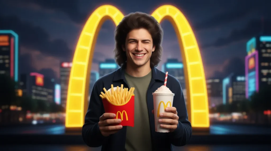 Young person holding McDonald’s fries and milkshake, playful wink, golden arches background