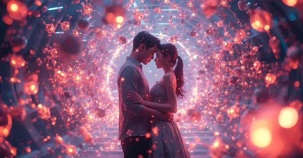 Futuristic nanotechnology romance illustration with glowing nanobots