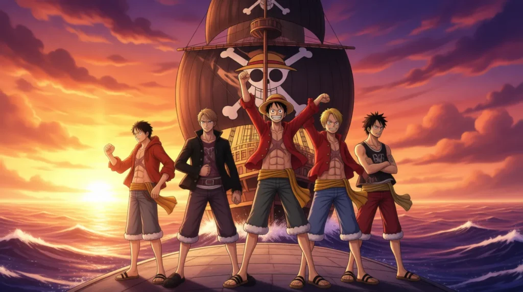 Straw Hat Pirates anime art on the Thousand Sunny during sunset