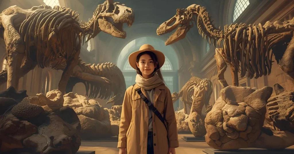 realistic explorer standing before dinosaur fossils in a museum
