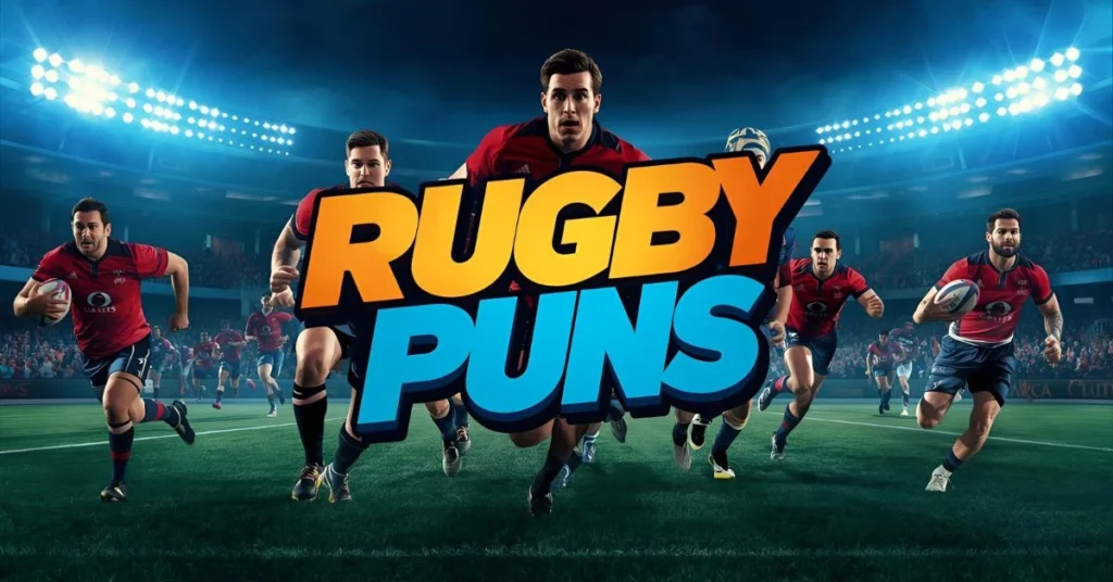 Rugby players running on a stadium field with bold Rugby Puns title overlay.