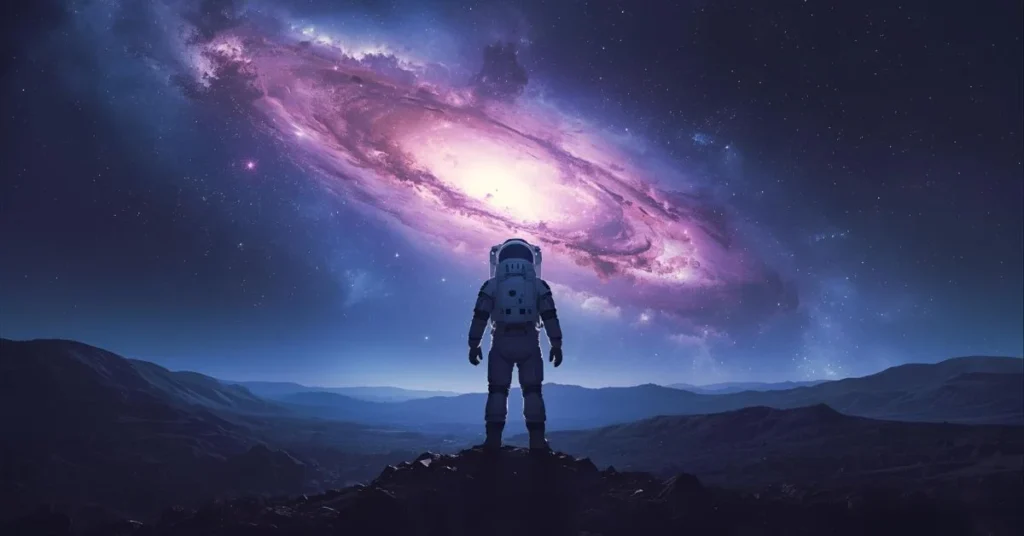 A realistic astronaut gazing at a colorful galaxy with glowing nebula clouds in space.