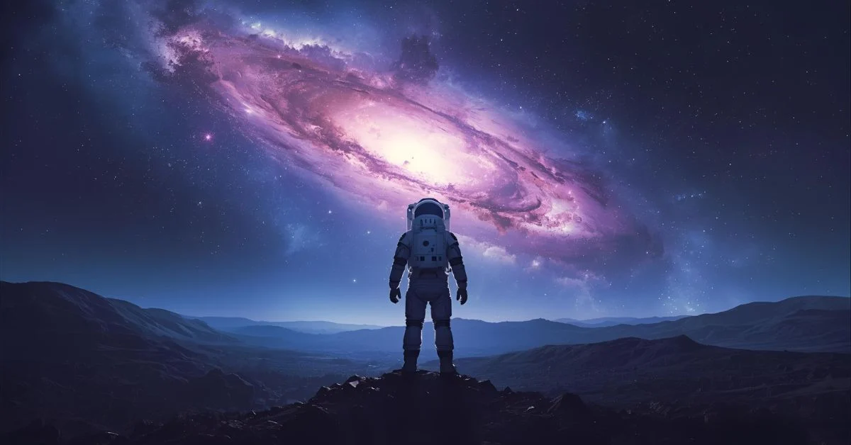 A realistic astronaut gazing at a colorful galaxy with glowing nebula clouds in space.