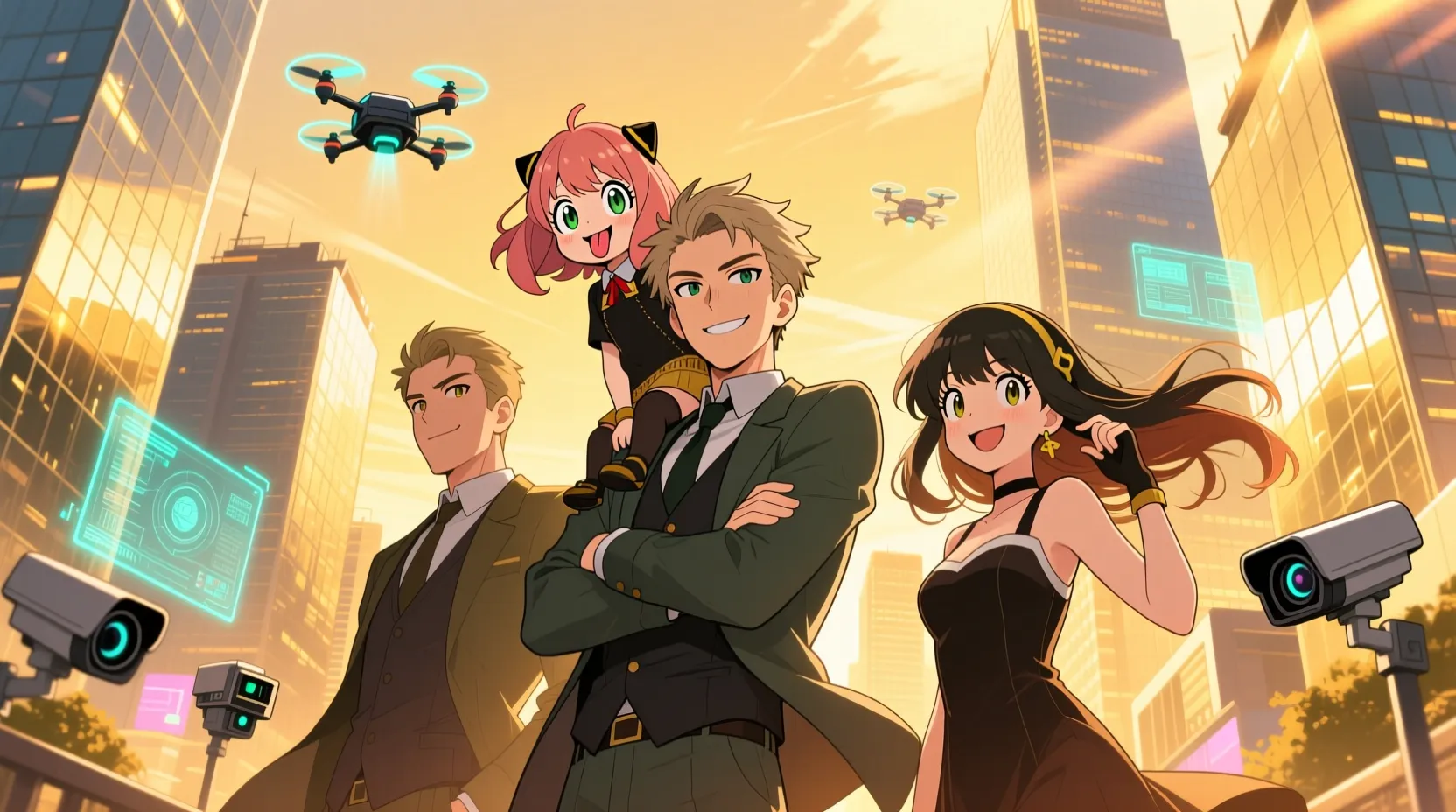 The Forger family from Spy X Family posing playfully, capturing charm and charisma, anime-style vibrant background