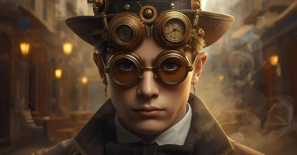 charismatic steampunk character with brass goggles and gears