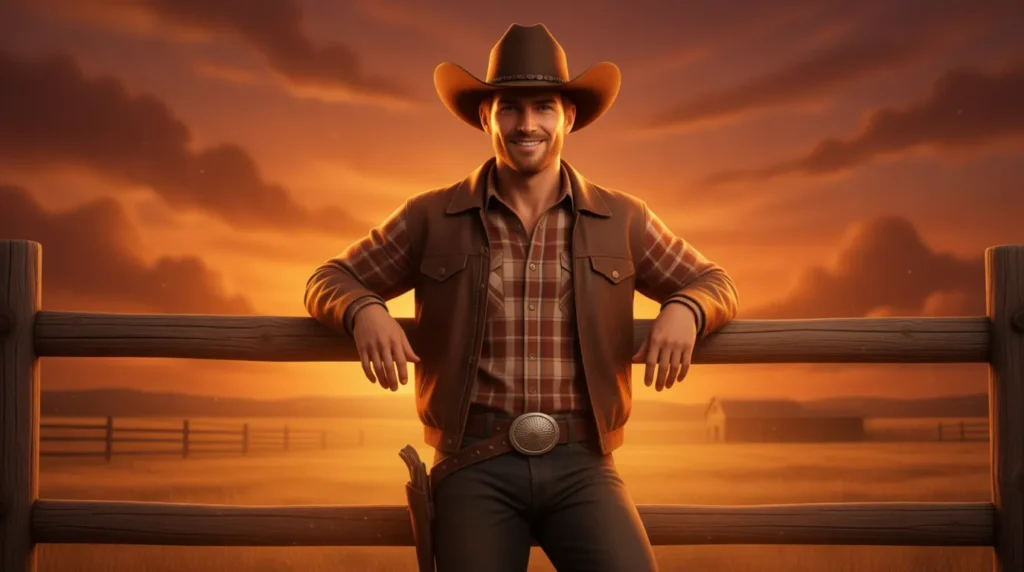 Cowboy giving a charming smile during a Texas sunset