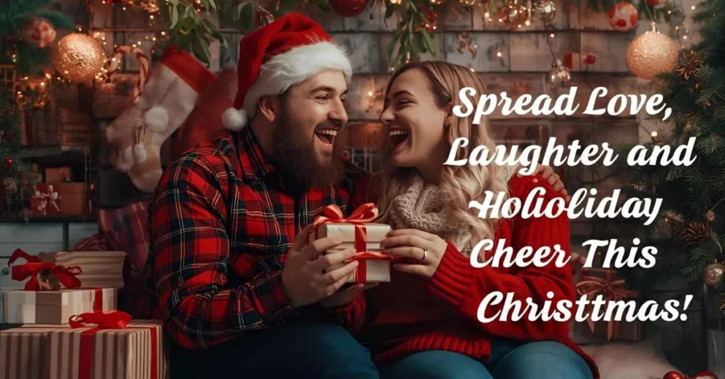 Cheerful couple exchanging gifts under Christmas lights and mistletoe with text “Spread Love, Laughter, and Holiday Cheer This Christmas!”