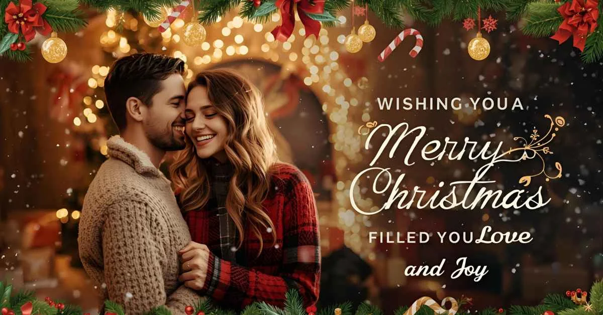 Happy couple under Christmas lights and mistletoe, snowy festive background, with text “Wishing You a Merry Christmas Filled with Love and Joy!”