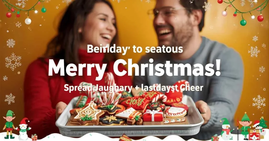 Person holding Christmas cookies and gifts with playful festive decorations, text “Merry Christmas! Spread Joy, Laughter, and Holiday Cheer!”