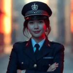attractive police officer with a confident flirty smile in dramatic street lighting