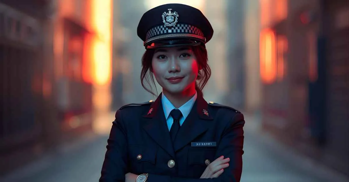 attractive police officer with a confident flirty smile in dramatic street lighting
