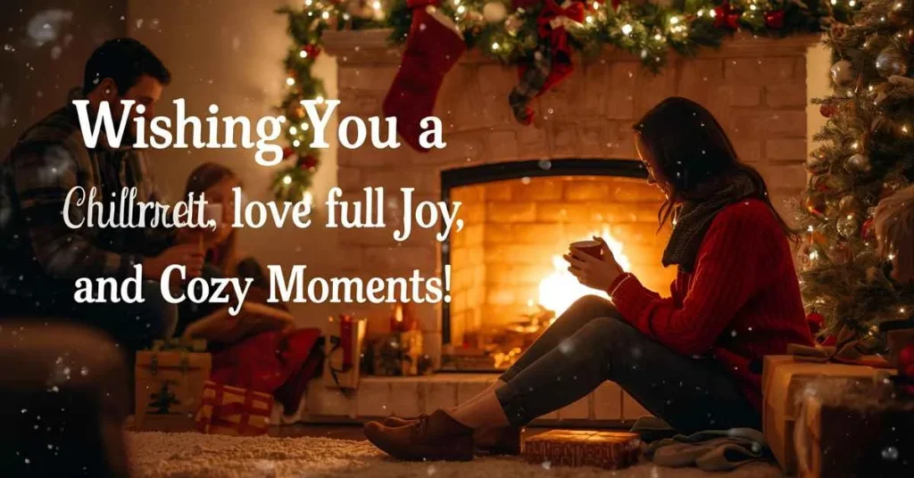 Cozy Christmas scene with couple exchanging gifts, sipping cocoa, warm festive background, with text “Wishing You a Christmas Full of Love, Joy, and Cozy Moments!”