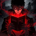 mysterious anime character holding a glowing notebook with death-note inspired vibes