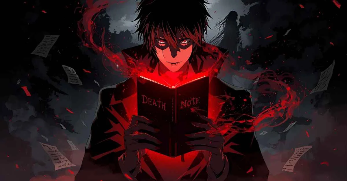 mysterious anime character holding a glowing notebook with death-note inspired vibes