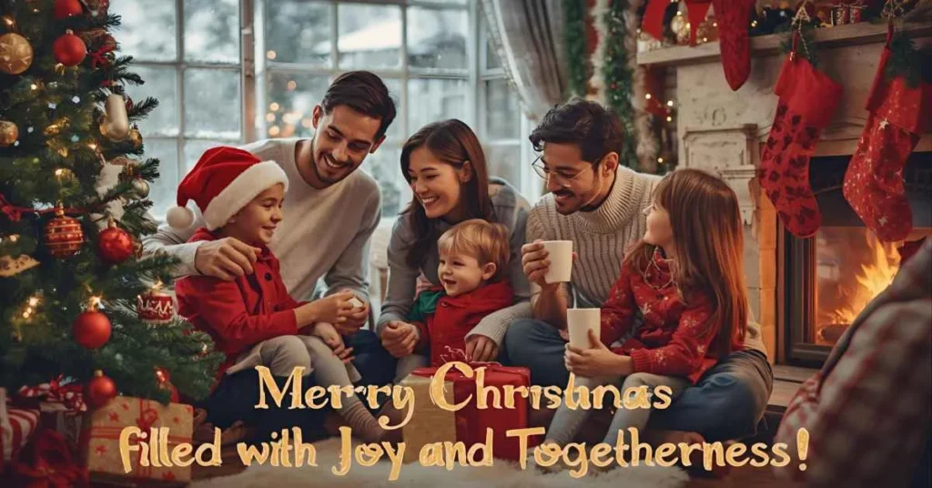 Happy family decorating Christmas tree, exchanging gifts, and enjoying cocoa, with text “Wishing You a Merry Christmas Filled with Joy and Togetherness!”