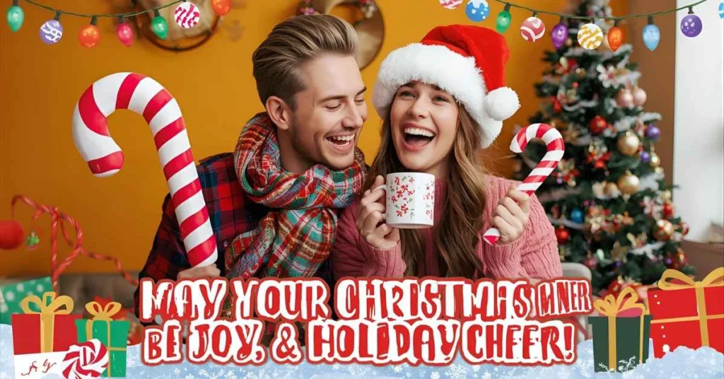 Happy couple laughing with Christmas props, colorful lights and snow in background, with text “May Your Christmas Be Full of Laughter, Joy, and Holiday Cheer!”