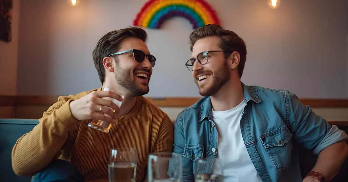 Two men laughing and flirting at a rainbow-themed cafe with warm, inviting smiles