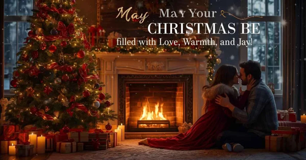Romantic couple by a Christmas tree and fireplace with twinkling lights, snowy background, text “May Your Christmas Be Filled with Love, Warmth, and Joy!”