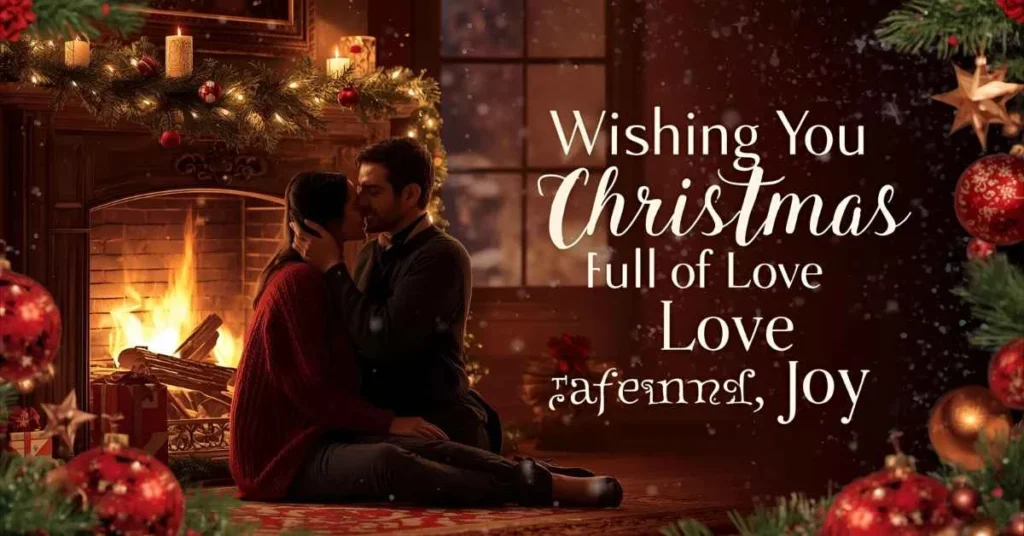 Romantic couple by a fireplace with Christmas lights and tree, snowy background, text: “Wishing You a Christmas Full of Love, Passion, and Joy!"
